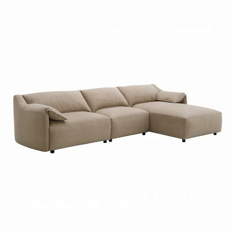 Vety L Shaped Sectional Sofa, Pillow Arm, Light Brown Nubuck Leather