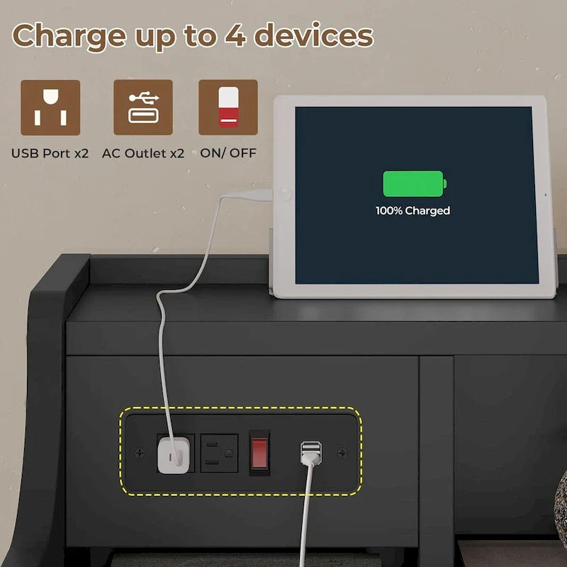 Nightstand 3 Drawers Charging Station End Side Table Bedroom