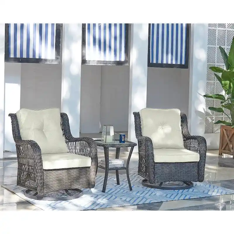 Manhattan Comfort Fruttuo Swivel Steel Rattan 3-Piece Patio Conversation Set