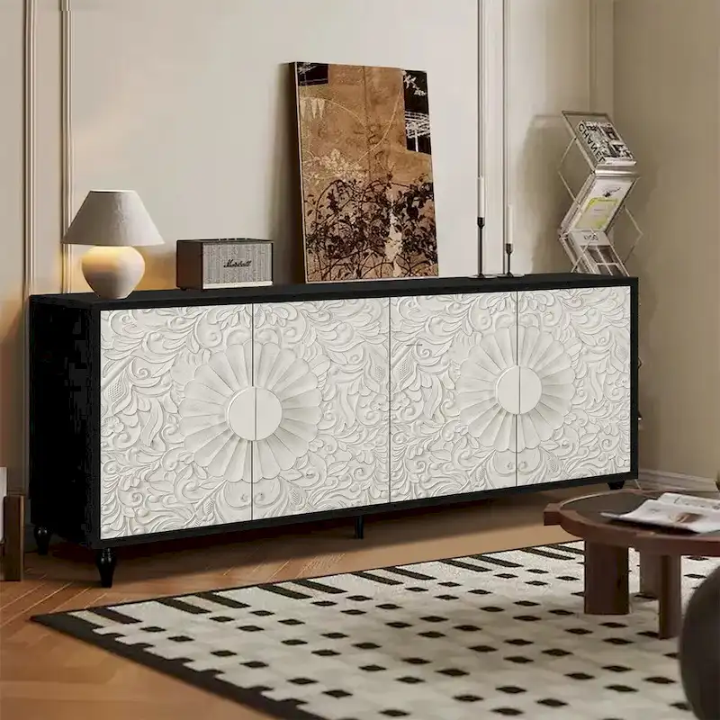 Black & White Vintage Carved Sideboard, 1-Person Assembly