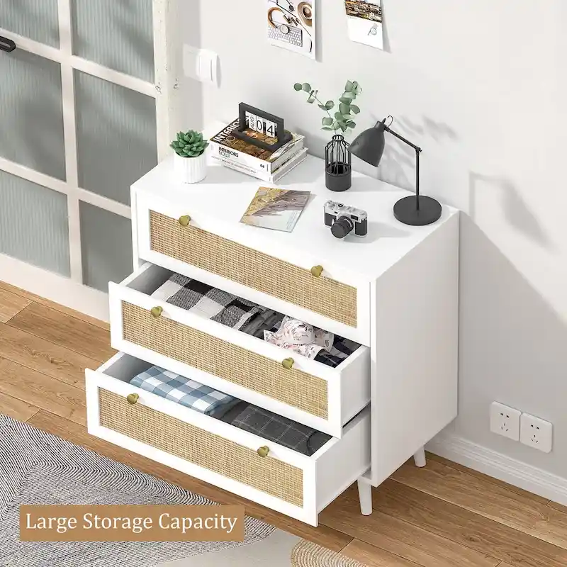 Anmytek Mid-Century Modern 3-Drawer White Dresser Rattan Chest of Drawers Storage Organizer for Bedroom