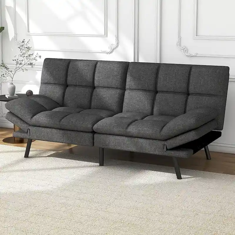 Modern Convertible Futon Sofa Bed with Memory Foam and Adjustable Armrests