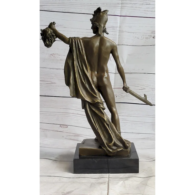 Greek Hero Perseus Holding The Head Of Medusa Bronze Sculpture Statue On Marble Base 15 Inches X 12 Inches