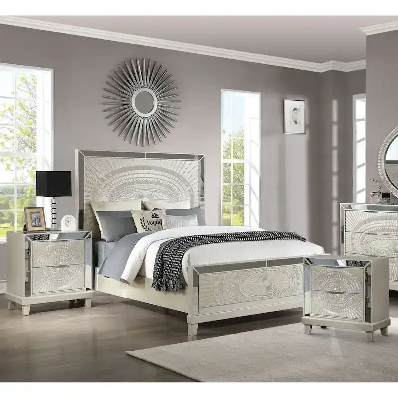 Champagne Wood 3-piece Panel Bed and Nightstands Set with USB Port by Furniture of America