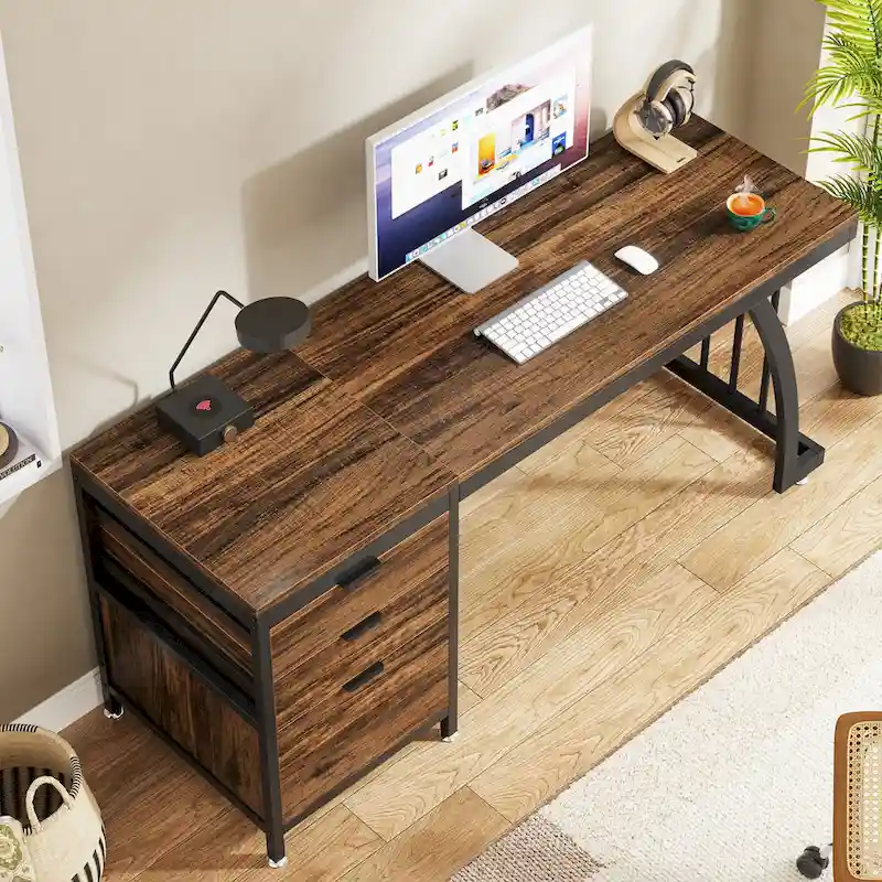 59-inch Wood/ Metal Computer Desk Writing Table with 3 Reversible Drawers