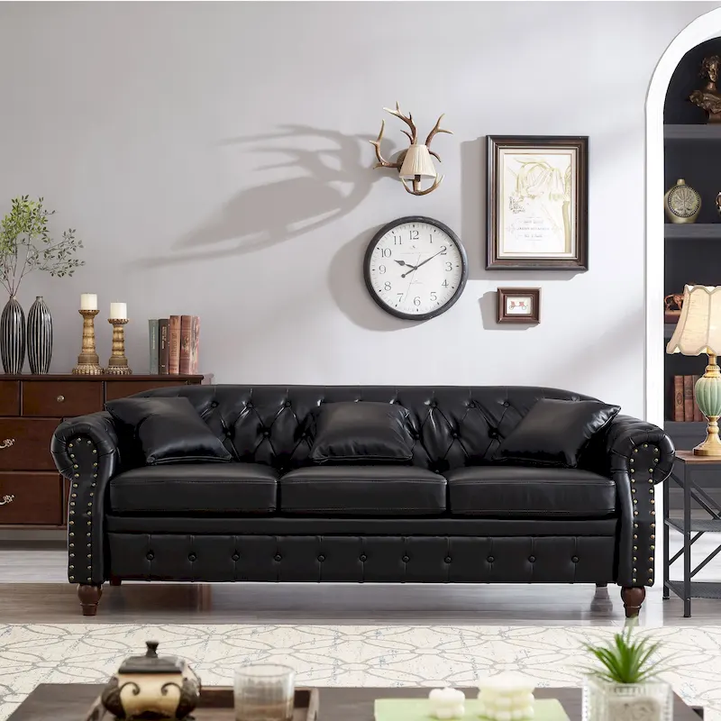85.8  Technical Leather 3-Seater Sofa with Tufted Backrest & Storage