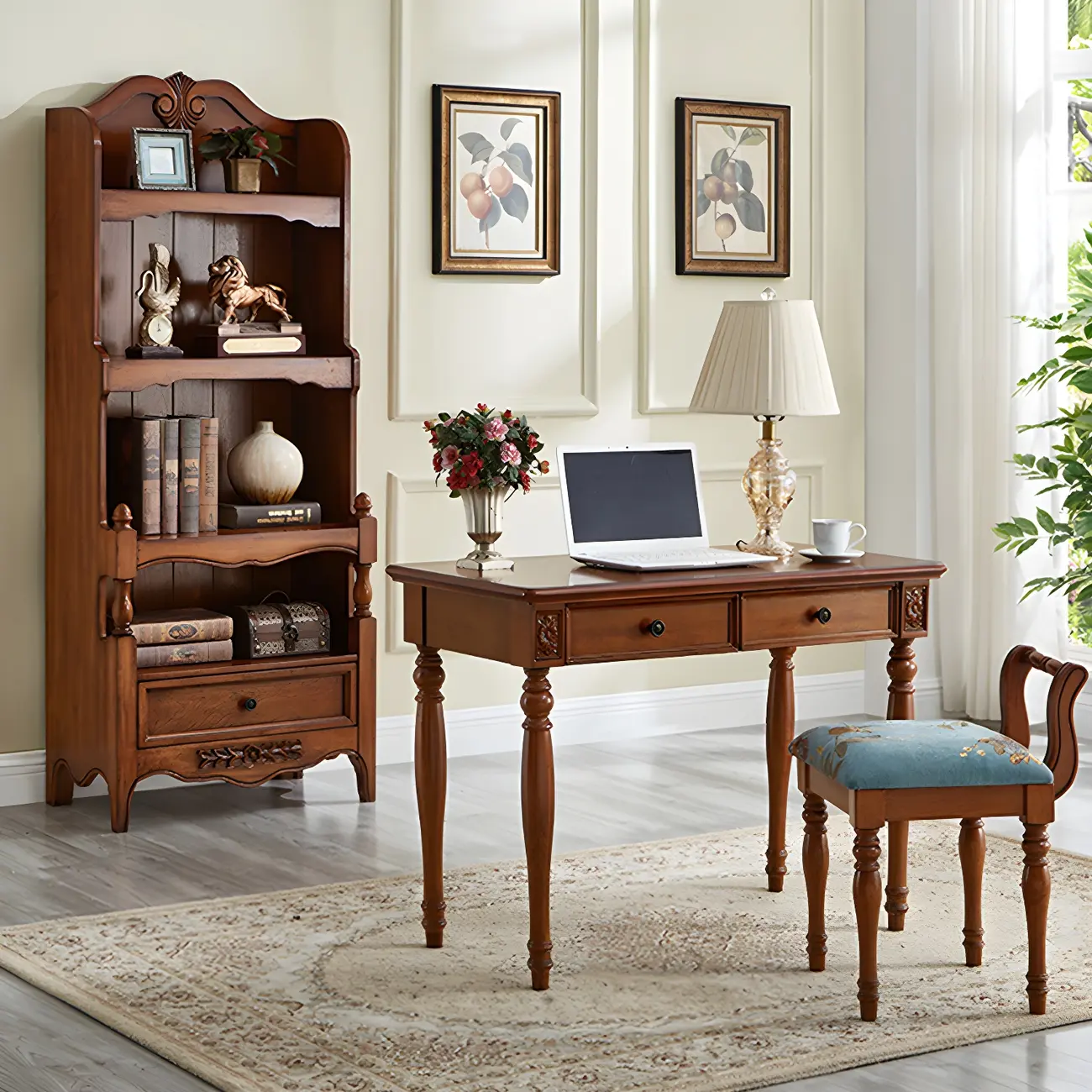 Traditional Wood 3-Shelf Brown Bookcase with Drawer