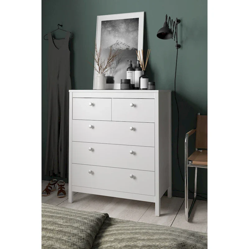 Grey 5-Drawer Chest with Leather Handles
