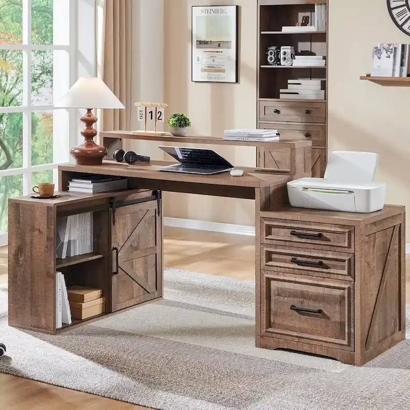 Modern Farmhouse Home Office Desk, Computer Desk with File Cabinet