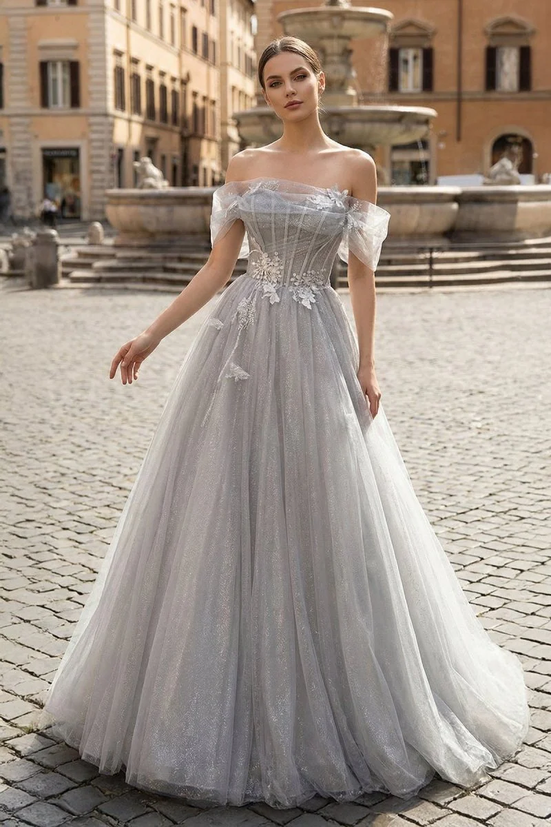 Gray A-Line Off the Shoulder Tulle Prom Dress, Lovely Corset Floor Length Party Dress