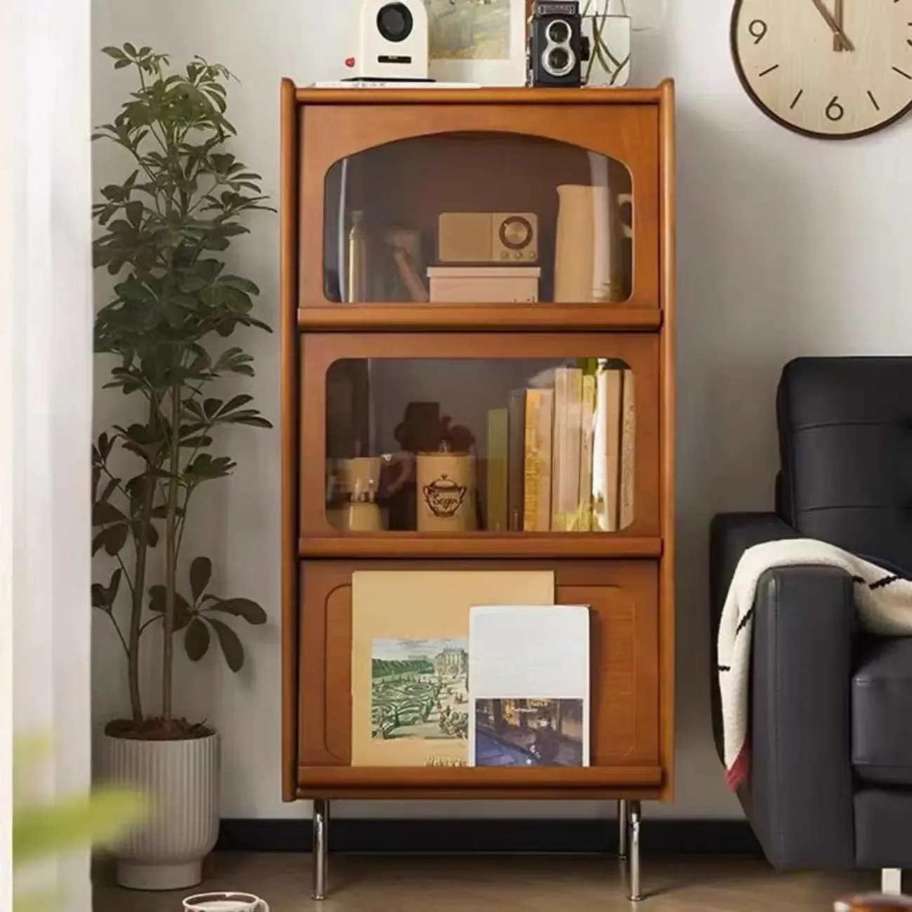50 Modern Pine Brown Accent Cabinet with Glass Door