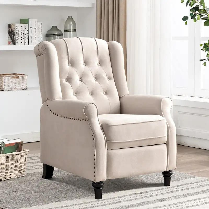 Push Back Recliner with Tufted Back and Wooden Legs