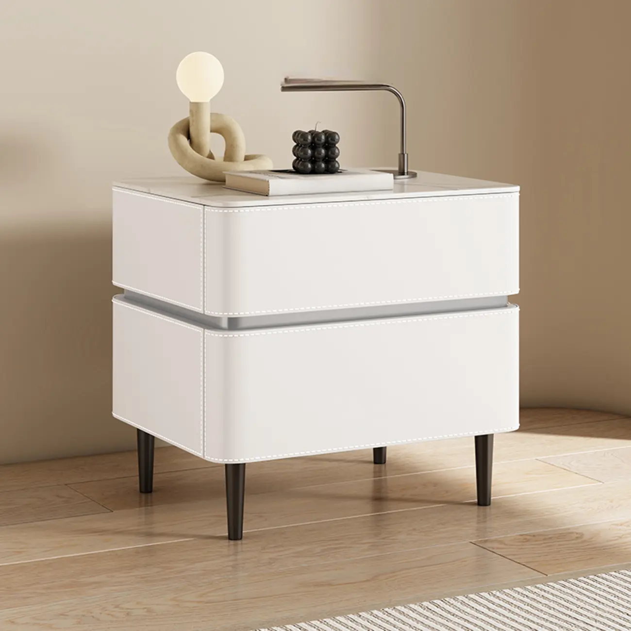 Modern Faux Marble Top Leather Rounded 2-Drawer Nightstand