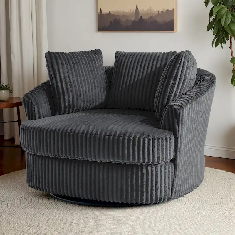 Oversized 43 W Plush Corduroy Recessed Arm Swivel Barrel Chair