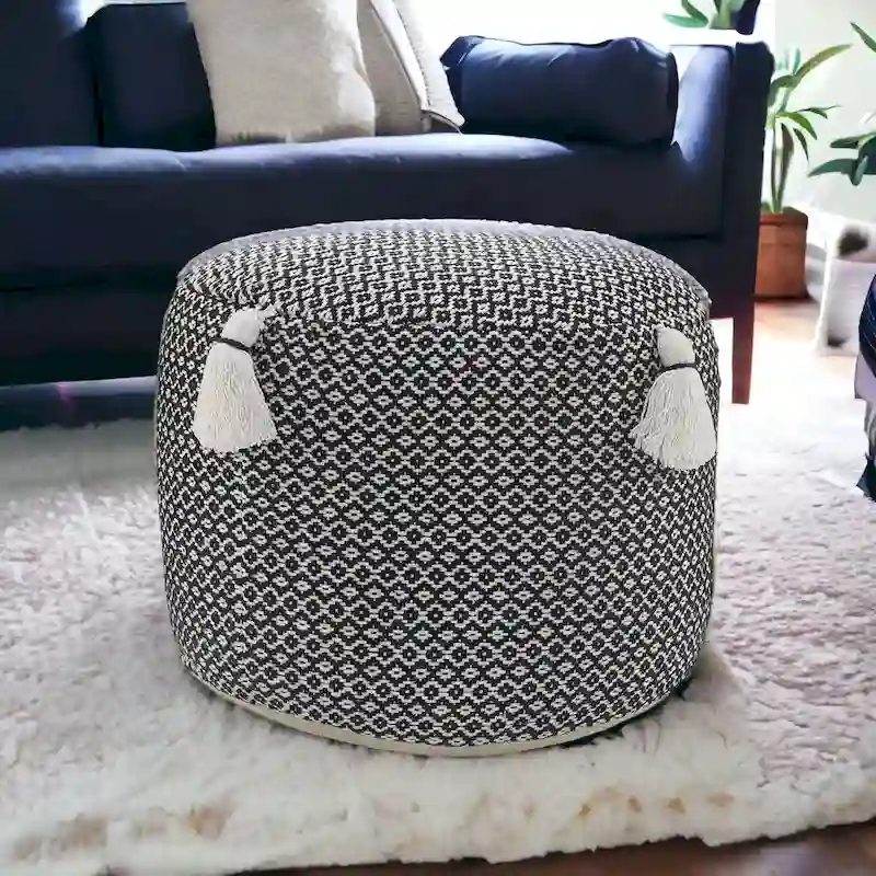 Black Cotton Geometric Pattern Cylinder Pouf Ottoman – 18 in – 1 Person