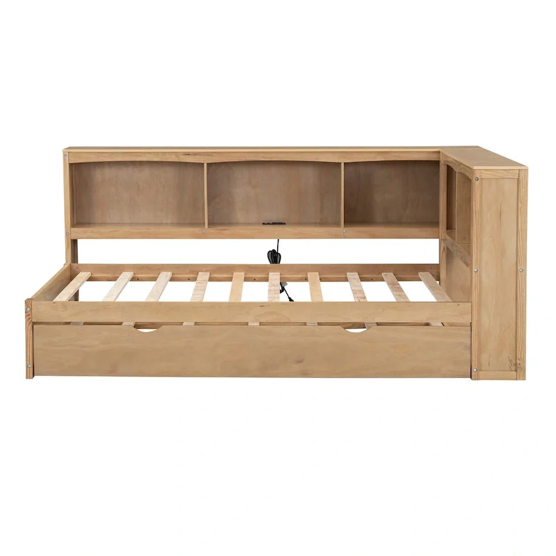 Twin Wooden Daybed with Trundle, Cabinets, and Charging Stations
