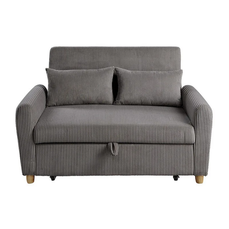 Tina 54 Inch Convertible Sleeper Loveseat, Round Arms, 2 Pillows, Brown