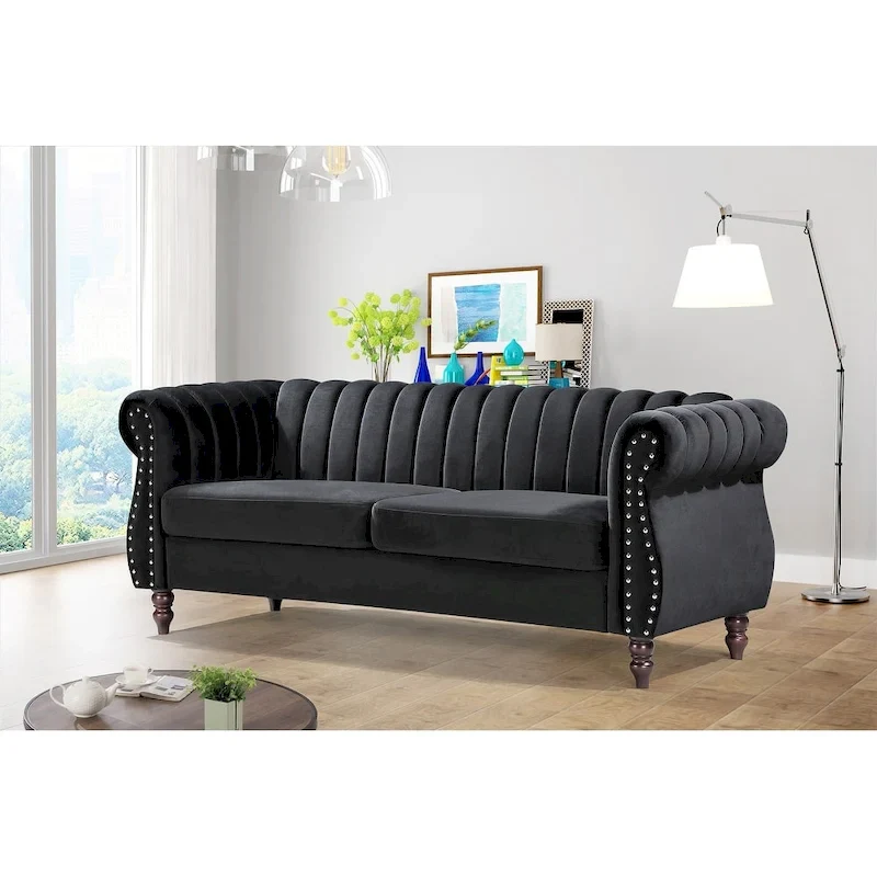 Velvet Chesterfield Rolled Arm Sofa