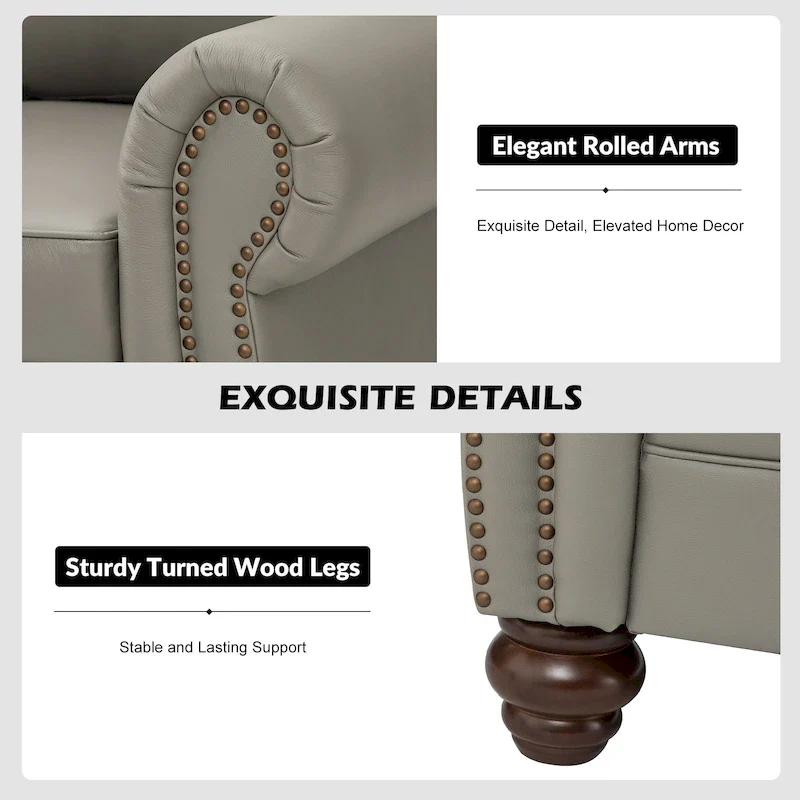 Balvino 81 Wide Transitional Genuine Leather Rolled Arm Sofa with Nailhead Trim and Removable Cushions