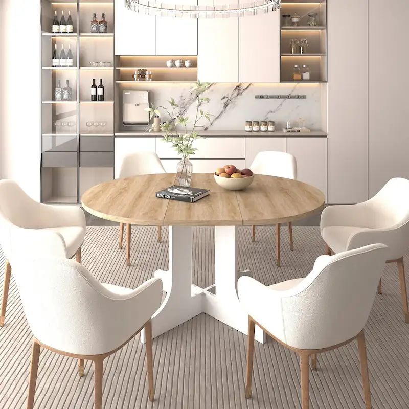 Elegant Farmhouse Round Dining Table with Adjustable Length and X-Base Be Used for Modern Dining Room