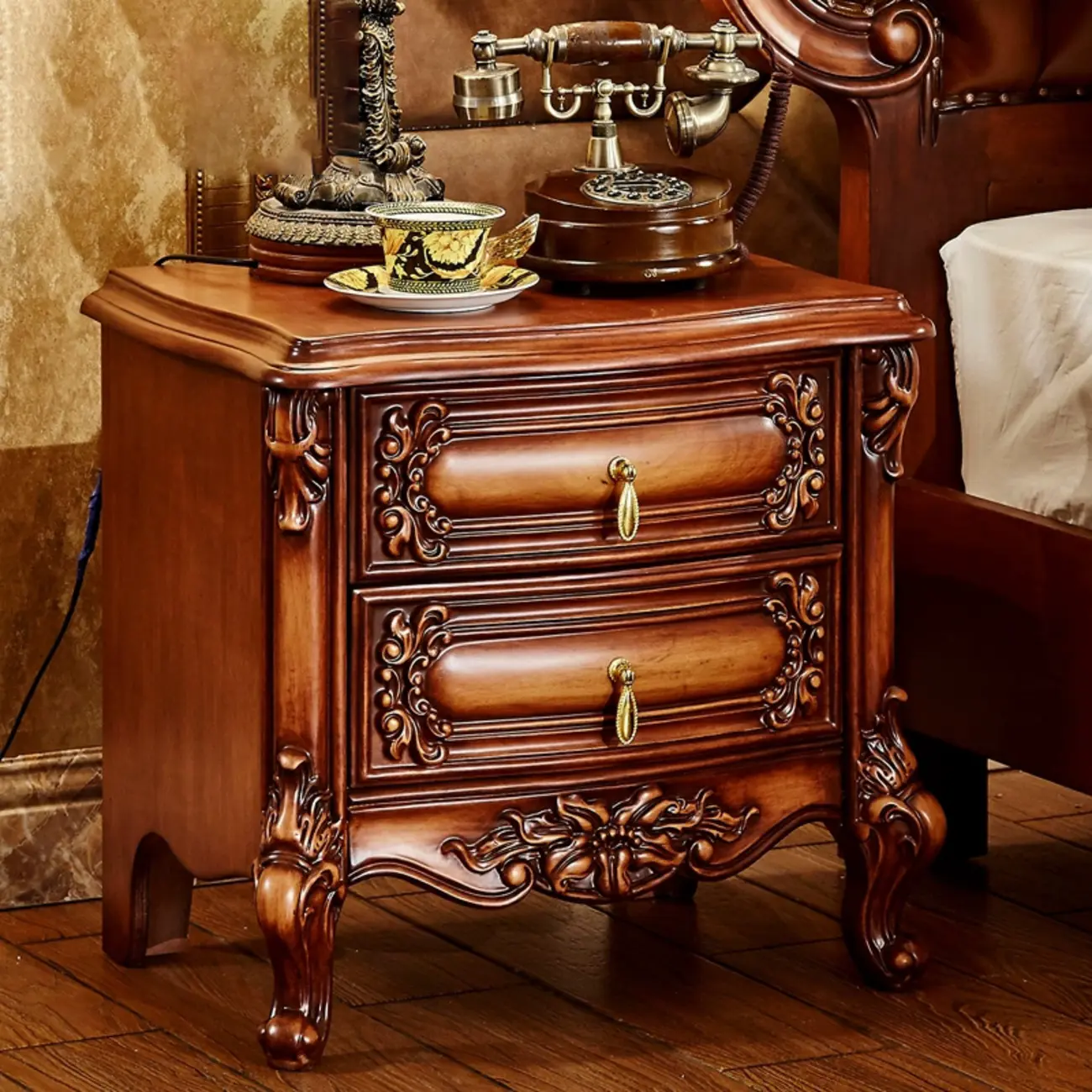 Traditional Brown Carved Wood 2-Drawer Standard Nightstand