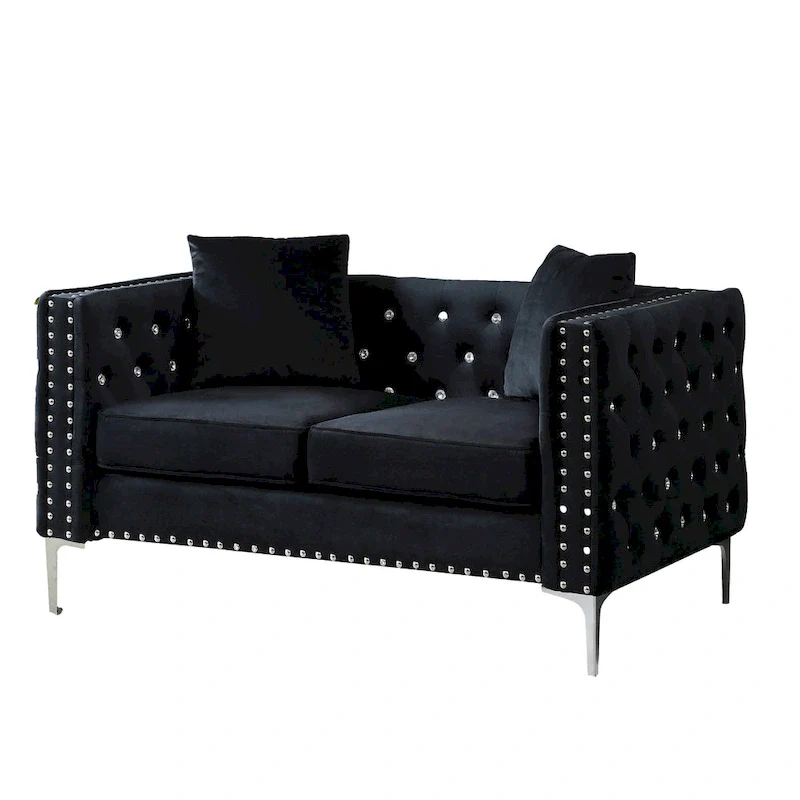 Square Arm Velvet Loveseat with Jeweled buttons and 2 Pillows
