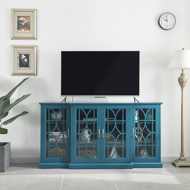 Teal Blue Modern 62 TV Stand with Large Top & 6 Shelves
