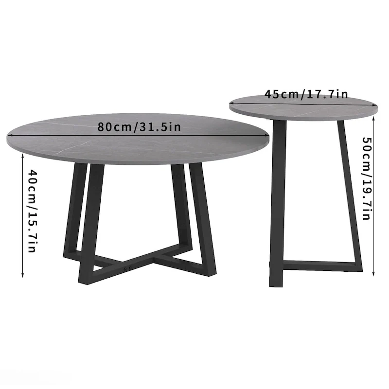 Set of 2 Round Nesting Tables Sintered Stone Marble Coffee Table - 31.5x15.7 inch