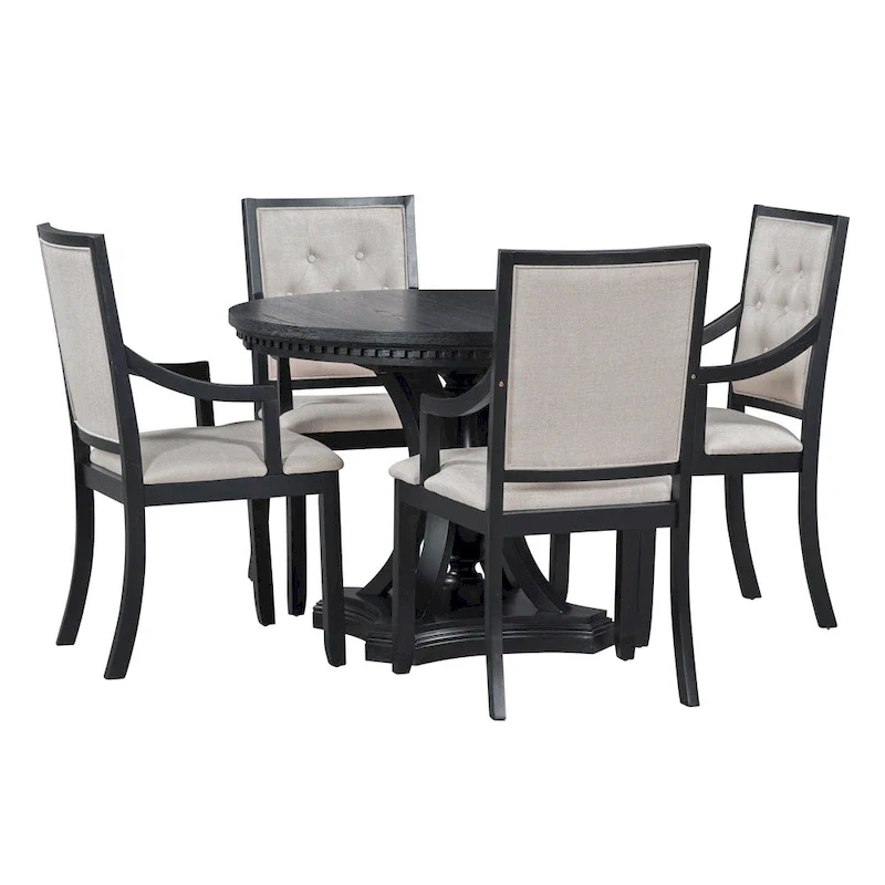 Retro 5-piece Dining Set with Extendable Round Table and 4 Chairs