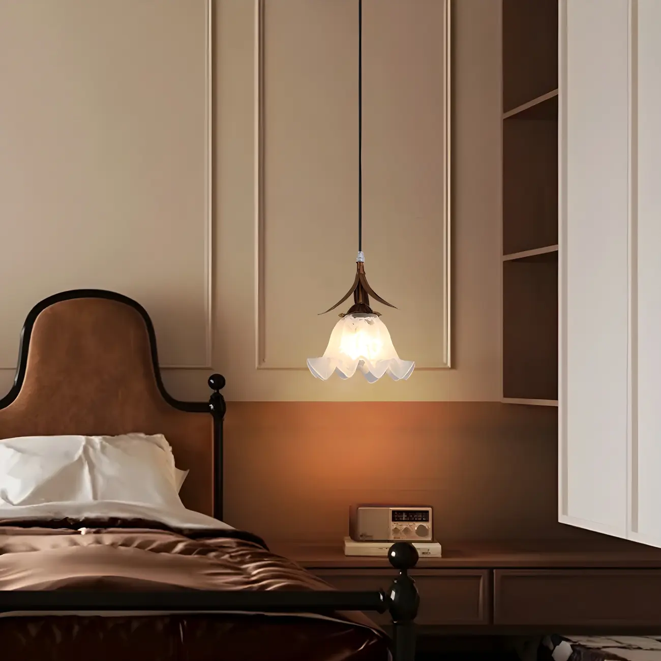 Modern White Glass Flower LED Bedside Pendant Lamp