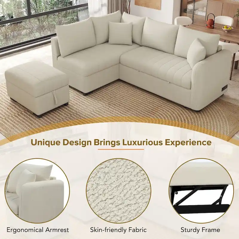 L-Shaped Sectional Pull Out Sleeper Sofa Bed with USB & Power Sockets, Beige