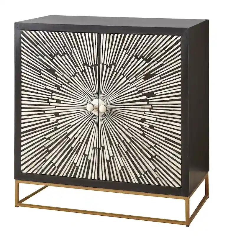 Dark Ebony Art Deco 2-Door Sunburst Accent Cabinet with Bone & Resin Inlay