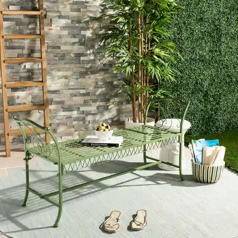 SAFAVIEH Outdoor Abagail Green Wrought Iron Garden Bench - 51 x 17 x 25.3 - 51Wx16Dx27H