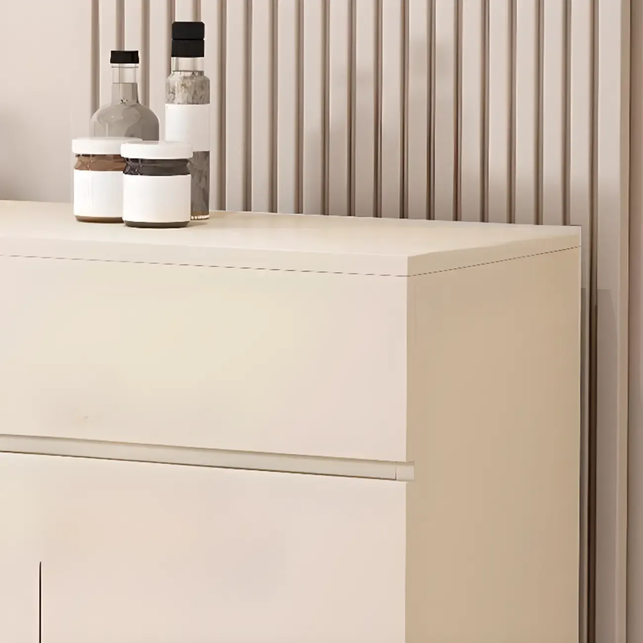 White Wooden Credenza with Drawers and Cabinets