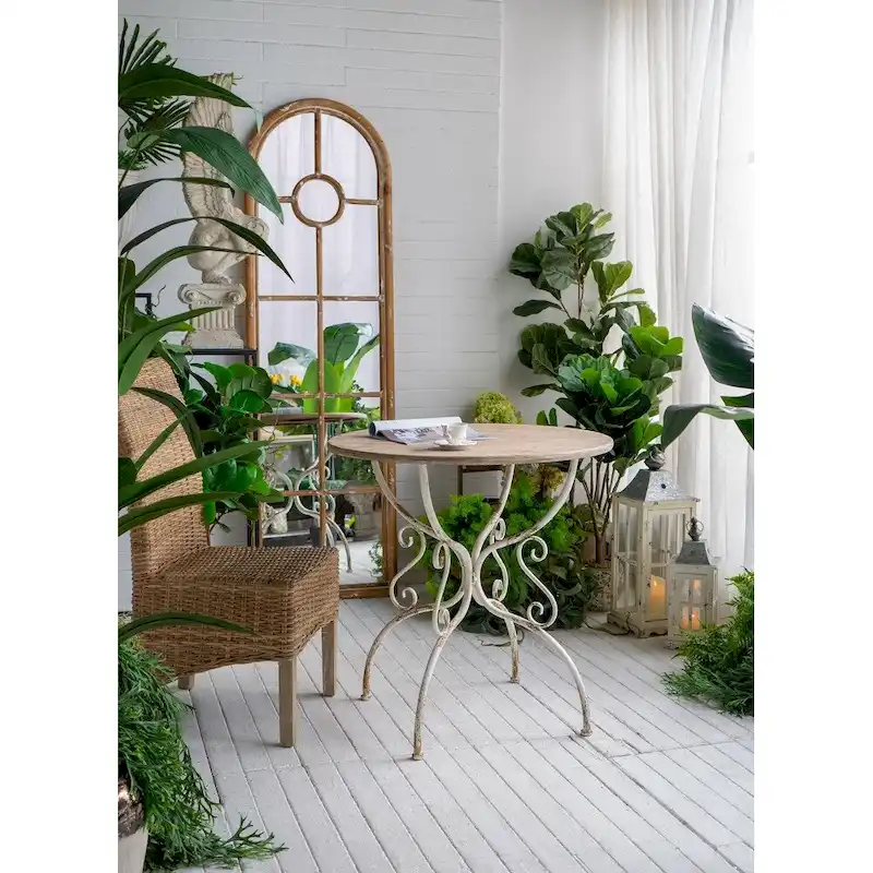 White Washed Round Accent Table with Metal Scrollwork Legs, 1-Person