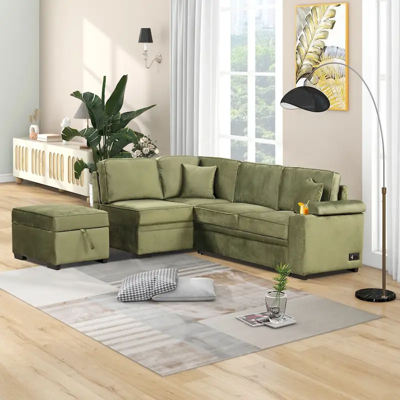 Green 84.75 L-Shaped 5-Seat Sleeper Sofa with Storage