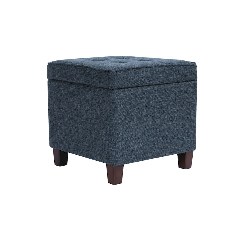 Storage Ottoman, 18 Inch Square Tray Top, Navy Blue Woven Fabric