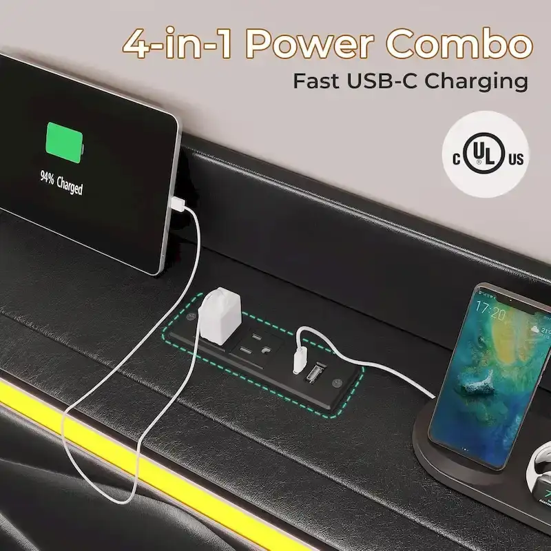 Bed Frame LED Lights Headboard & USB-C/A Charging Station 4 Drawers