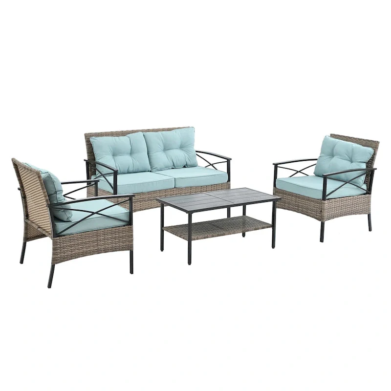 PE Wicker Four Set Wicker Seasonal Sofa with Black Metal Table