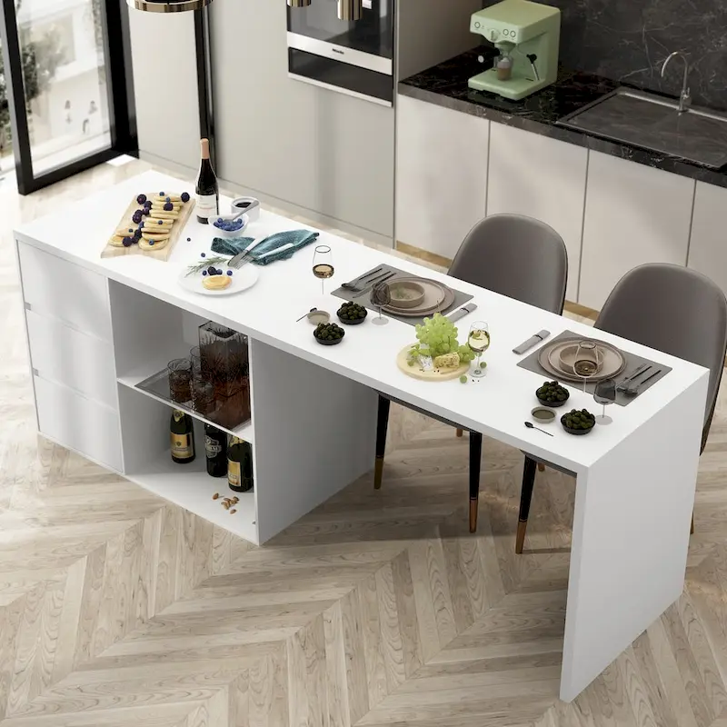 White Kitchen Island Dining Table with Storage, Seats 4–6