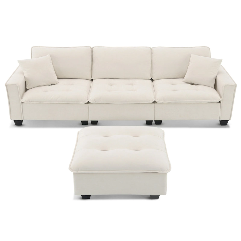 100 L-Shaped Convertible 4 Seater Sectional Sofa with Removable Ottoman and Matching Pillows, Suede Velvet Upholstery