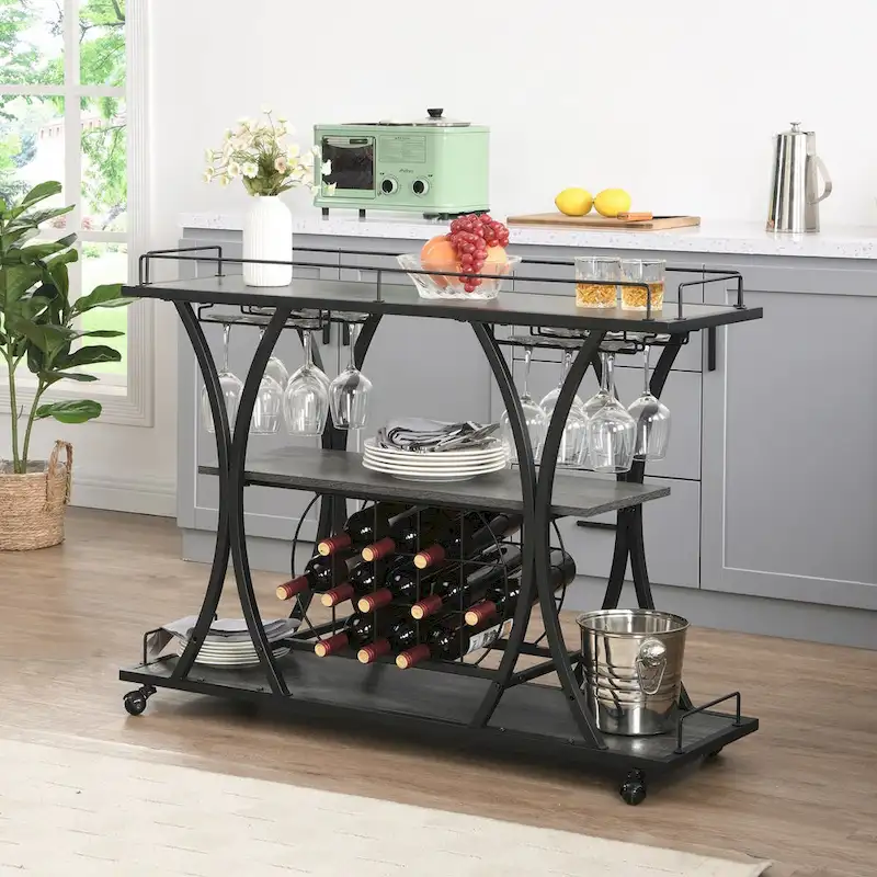 Industrial Bar Cart Kitchen Bar&Serving Cart with Wheels 3 Storage Shelves