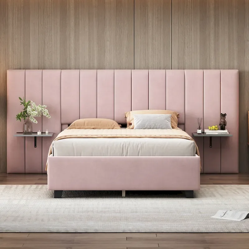 Pink Full Size Modern Style Velvet Upholstered Platform Bed with Big Headboard for Bedroom