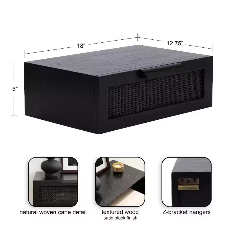 Kate and Laurel Ori Floating Side Table Rattan, 18x13x6, Black