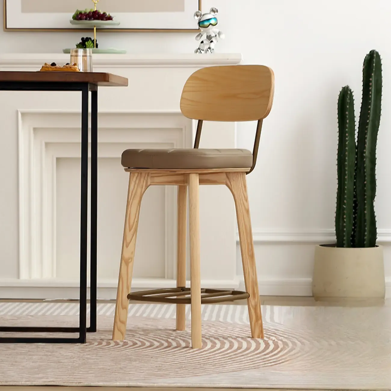 Wooden Square Leather Upholstered Bar Stool with Backrest