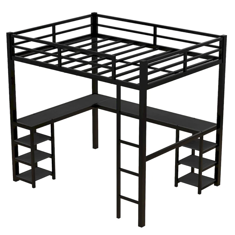Black Full Size Metal Loft Bed with Desk, Shelves, Ladder & Guardrails