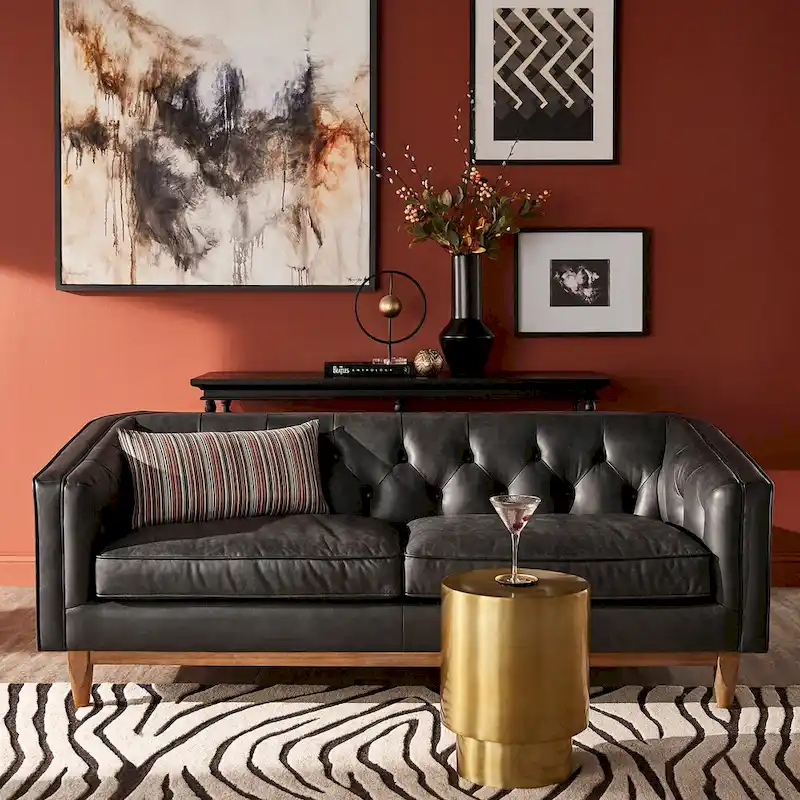 Black Leather Button Tufted Loveseat