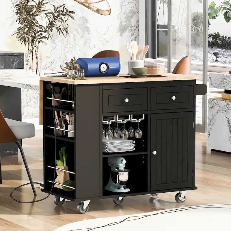 Adjustable Shelves Kitchen Island with Power Outlet and Drop Leaf
