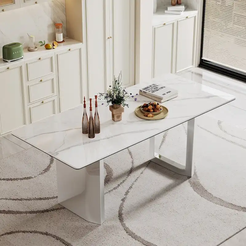 0.47 Thick Sintered Stone Composite Tempered Glass Top Rectangular Dining Table with Stainless Steel Base