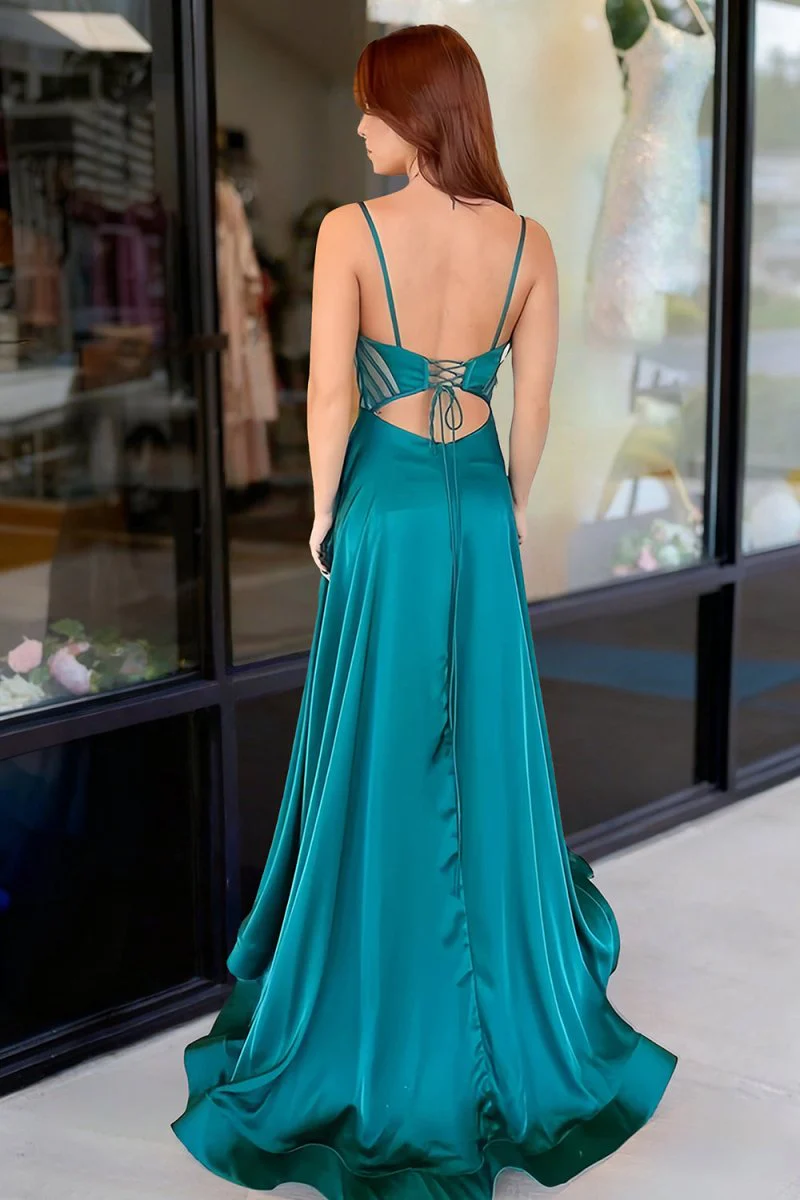 Emerald A-Line Spaghetti Straps Satin Long Prom Dresses With Slit